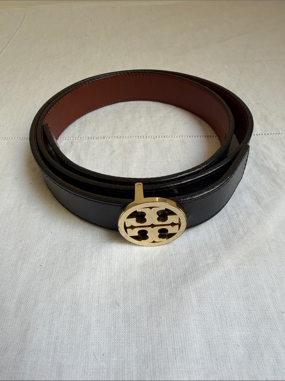 Tory Burch Miller Black Leather Belt with Gold Logo Buckle